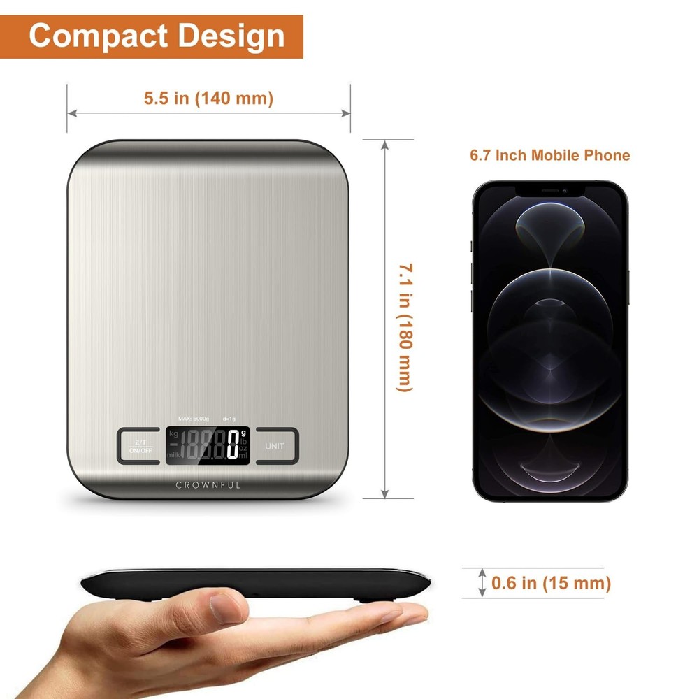 Precision Digital Kitchen Scale, 11 lb Capacity, Tare Function, Stainless Steel