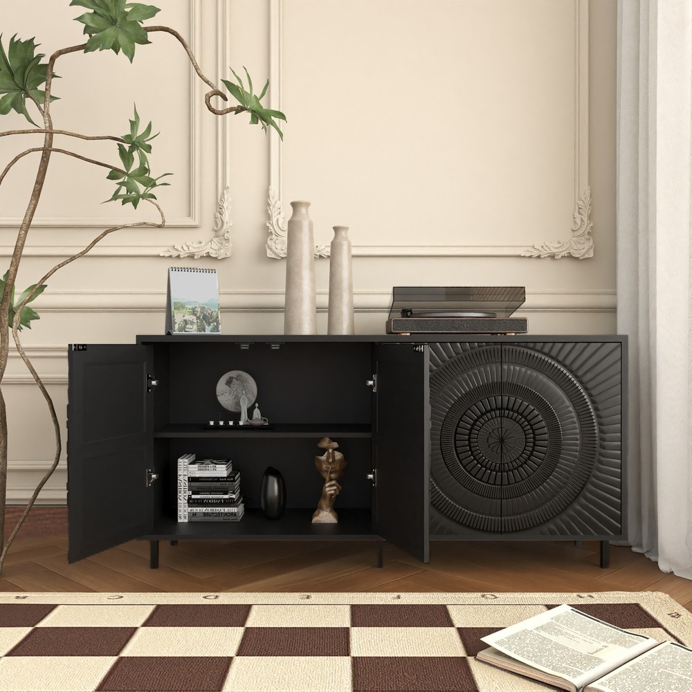 Modern Black Sunburst Wood Sideboard Buffet Accent Storage Cabinet Console Table