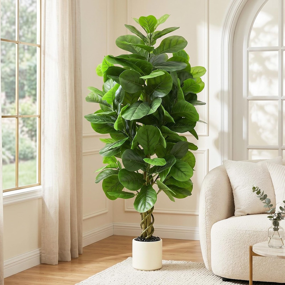 Artificial Fiddle Leaf Fig Tree 5FT, Large Fake Tree in White Pot, Artificial...