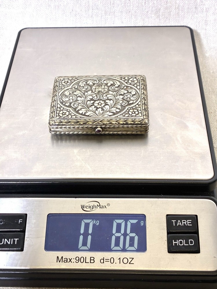 Antique 800 Silver Engraved Cigarette Case Snuff Trinket Box Ruby Clasp 86g