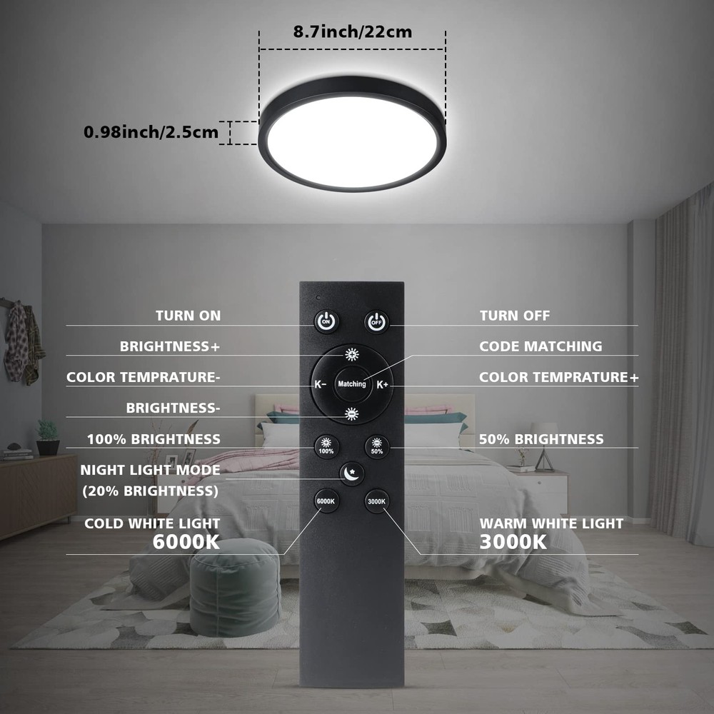 Dimmable LED Flush Mount Ceiling Light with Remote Control 3000K-6000K Color
