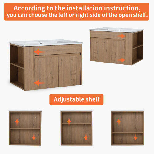 30"Floating Wall Mount Bathroom Vanity Cabinet+Basin Sink +Adjustable Open Shelf