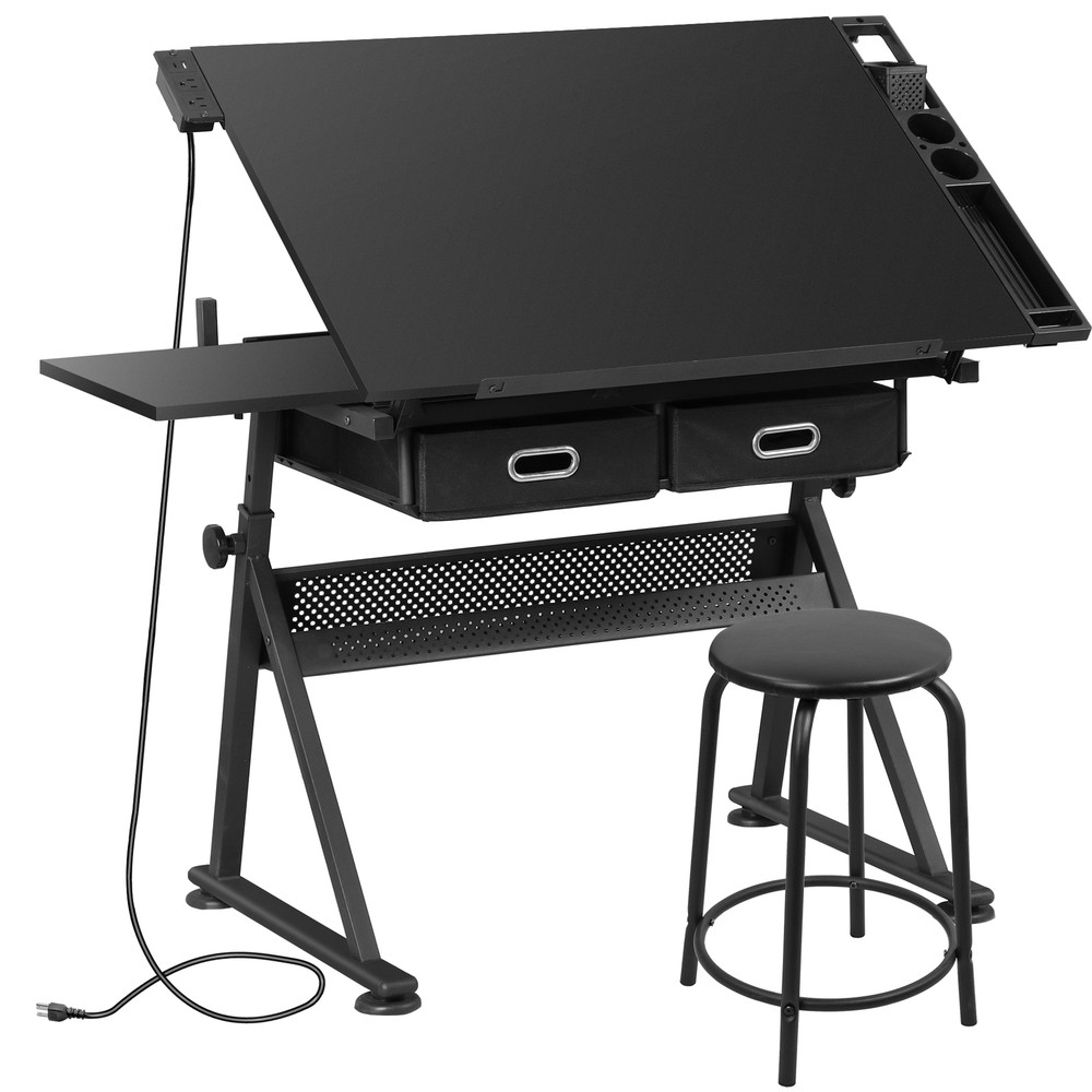 Wooden Drafting Table with Height Adjustable &Tilting Tabletop for Drawing Black