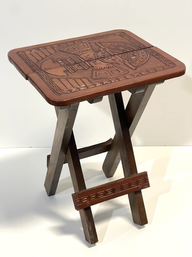 Vintage Small Handmade X Base Folding Table With Tooled Leather Top
