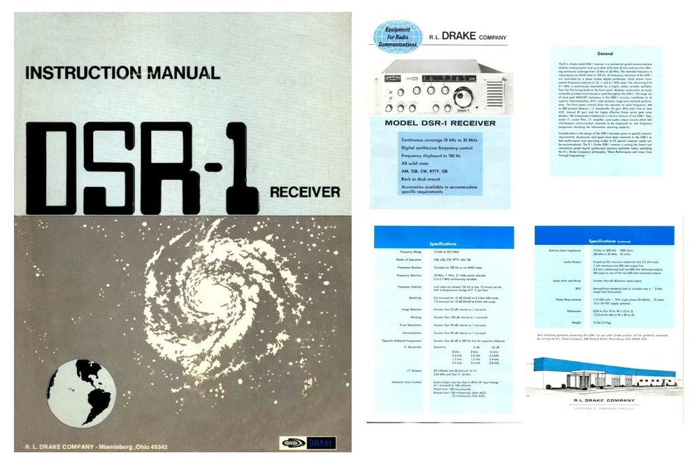 DRAKE DSR-1 COMMUNICATIONS RECEIVER  INSTRUCTION MANUAL + BROCHURE