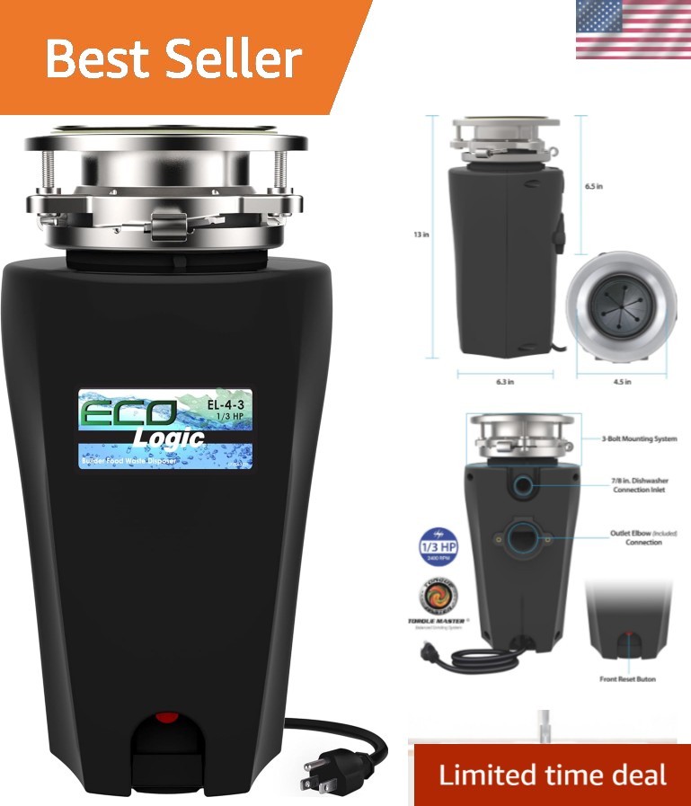 Stainless Steel 1/3 HP Garbage Disposer - Easy 3-Bolt Install, Quiet Operation