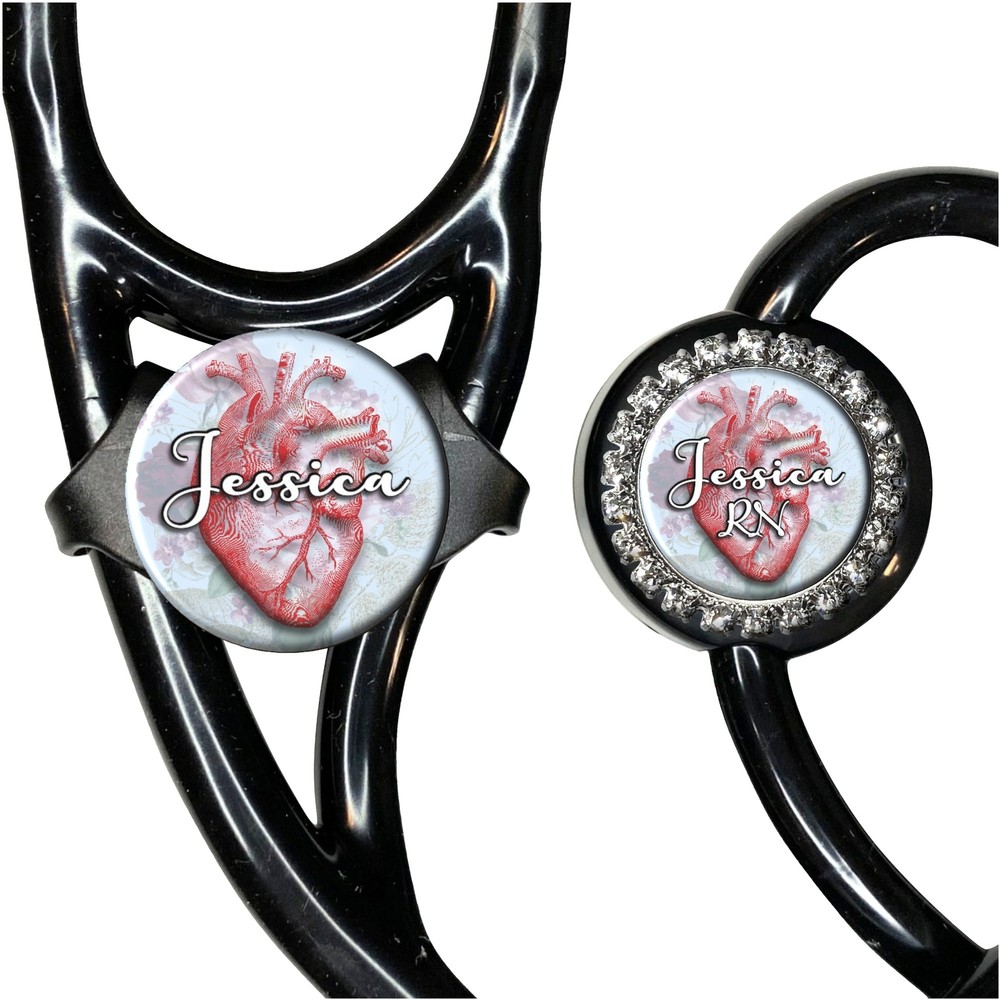 Stethoscope Name Tag - Personalized Red Heart Floral Script Font Id Nurse, DR