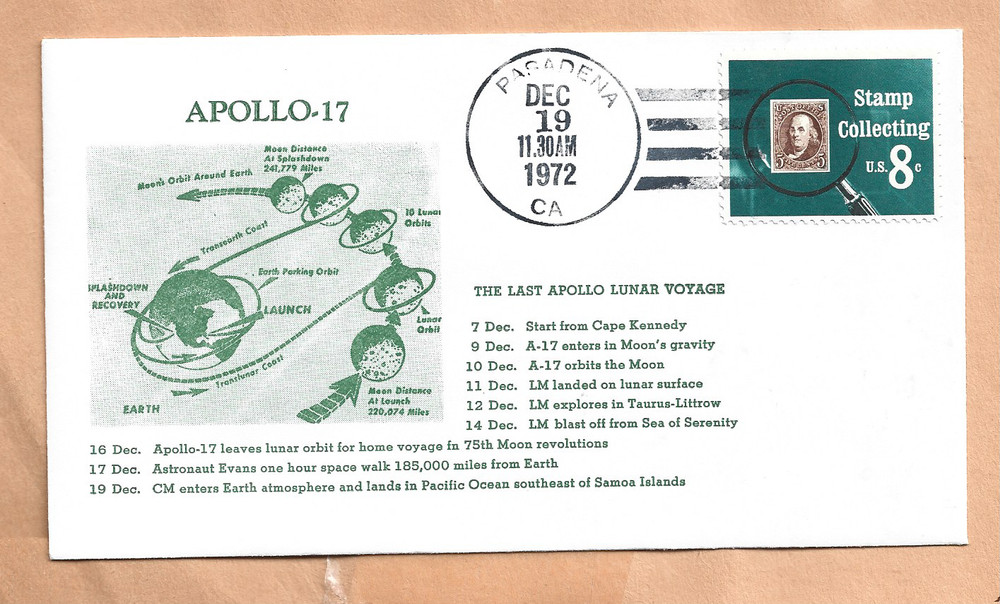 APOLLO 17 SPLASHDOWN DEC 19,1972 PASADENA CA   SPACE COVER NASA