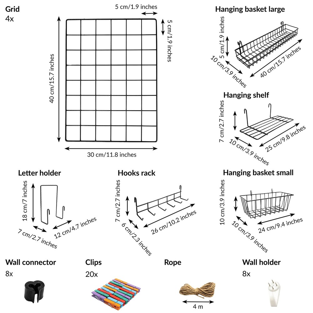 4 Pack Wire Wall Grid Panel With Accessories | Includes Hanging Baskets, Lett...