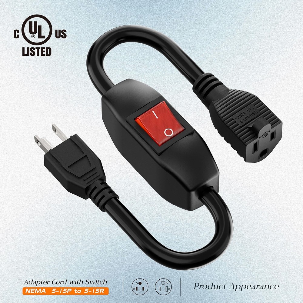 Inline On/Off Switch Extension Cord, Plugrand 3-Prong Household Black Color