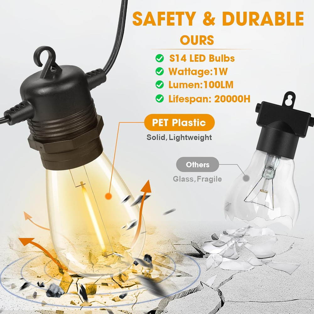 50FT Waterproof LED String Lights with Dimmable S14 Bulbs for Outdoor Use