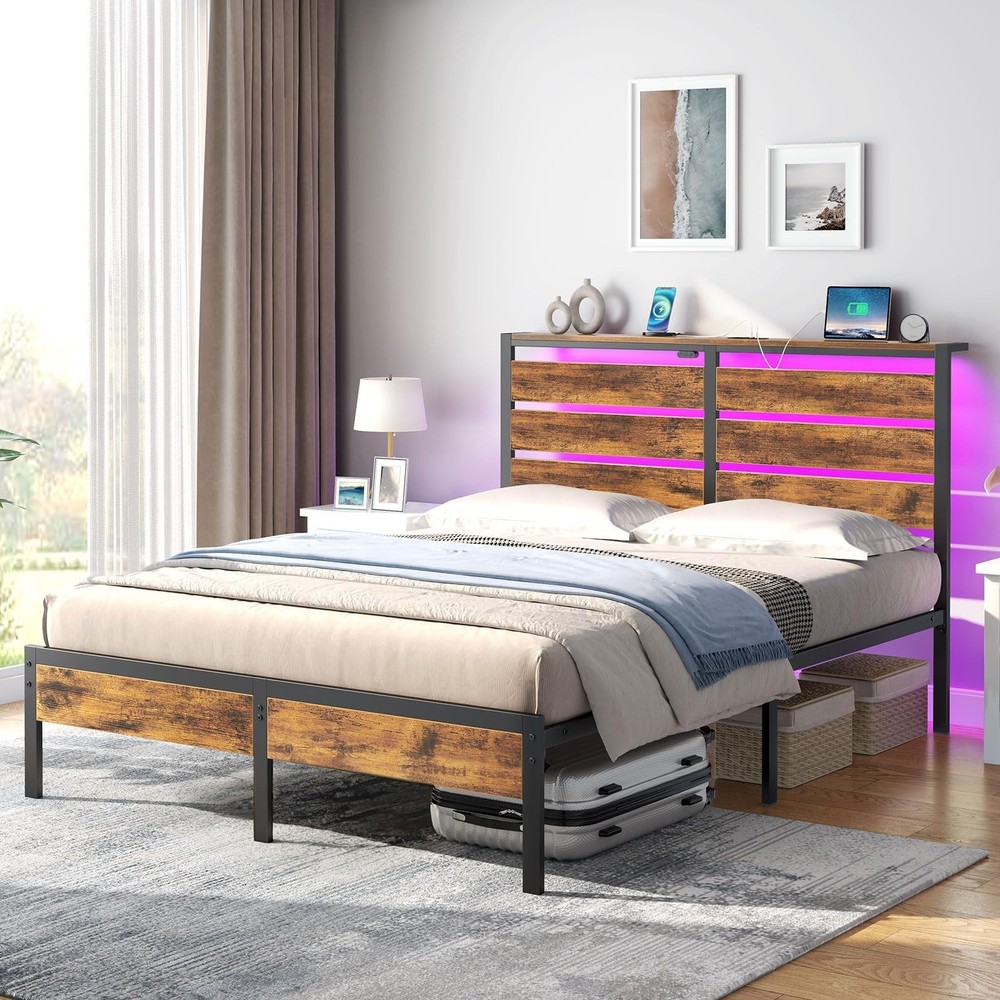 Rolanstar Bed Frame Queen Size with USB Charging Station, LED Bed Frame with ...