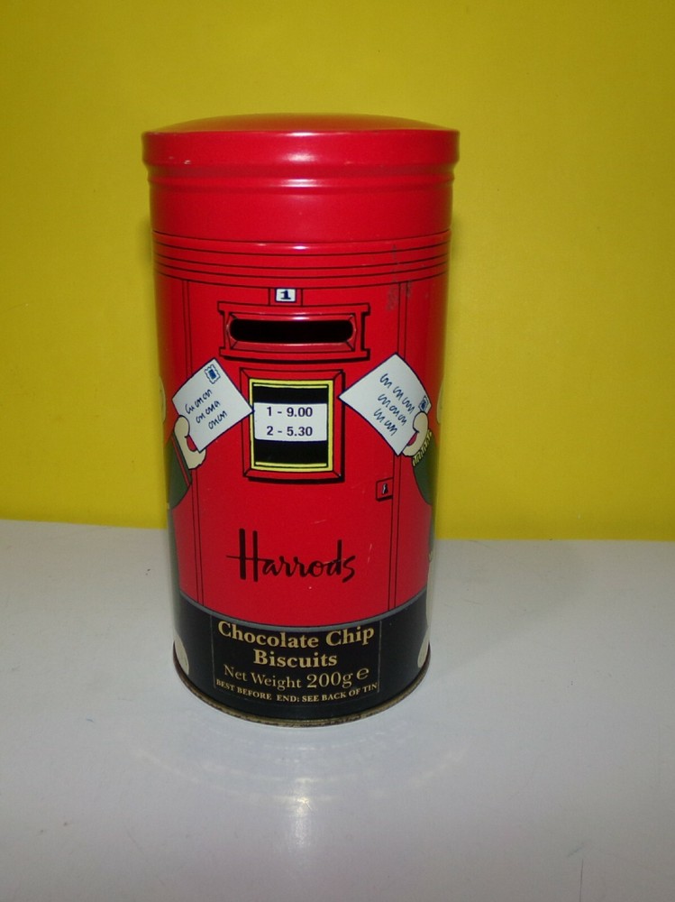 Harrords Post Money Box Empty Chocolate Chip Biscuits Tin Teddy Bears 6" Tall