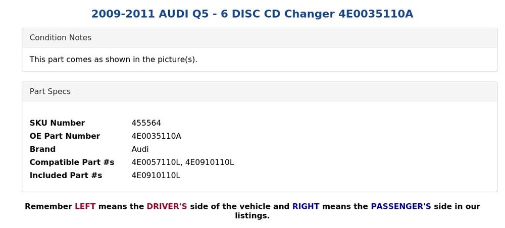 2009-2011 AUDI Q5 - 6 DISC CD Changer 4E0035110A