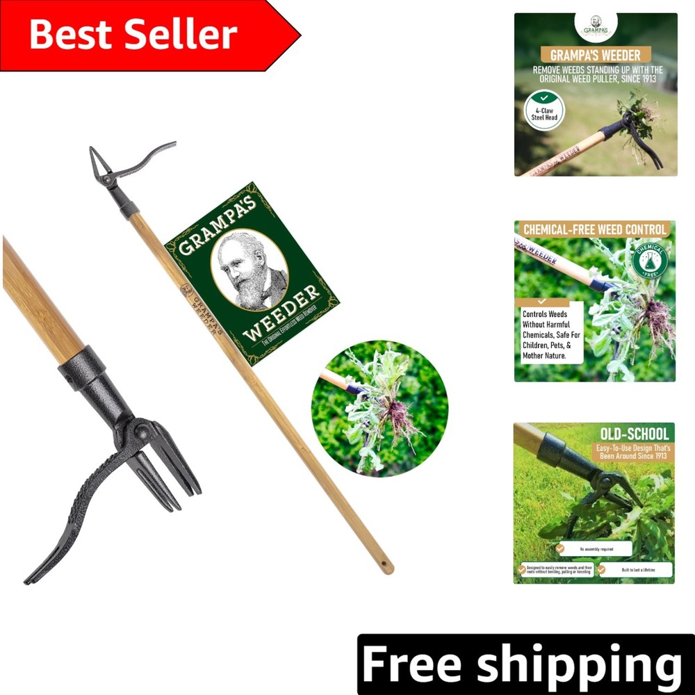 Grampa's  Stand Up Weed Puller Tool - 46" Bamboo Handle & 4-Claw Steel