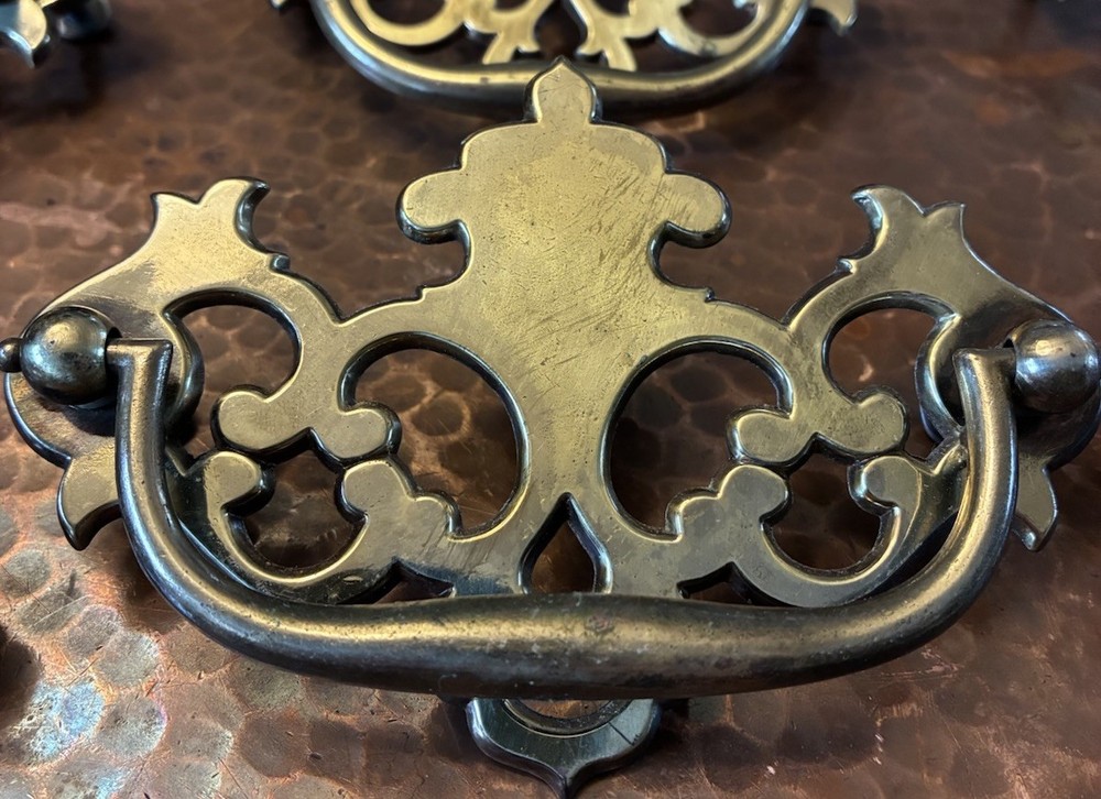 Fancy Drexel Chippendale Solid Brass Drawer Pulls Set 10 Bat Wing 4 3/4”w