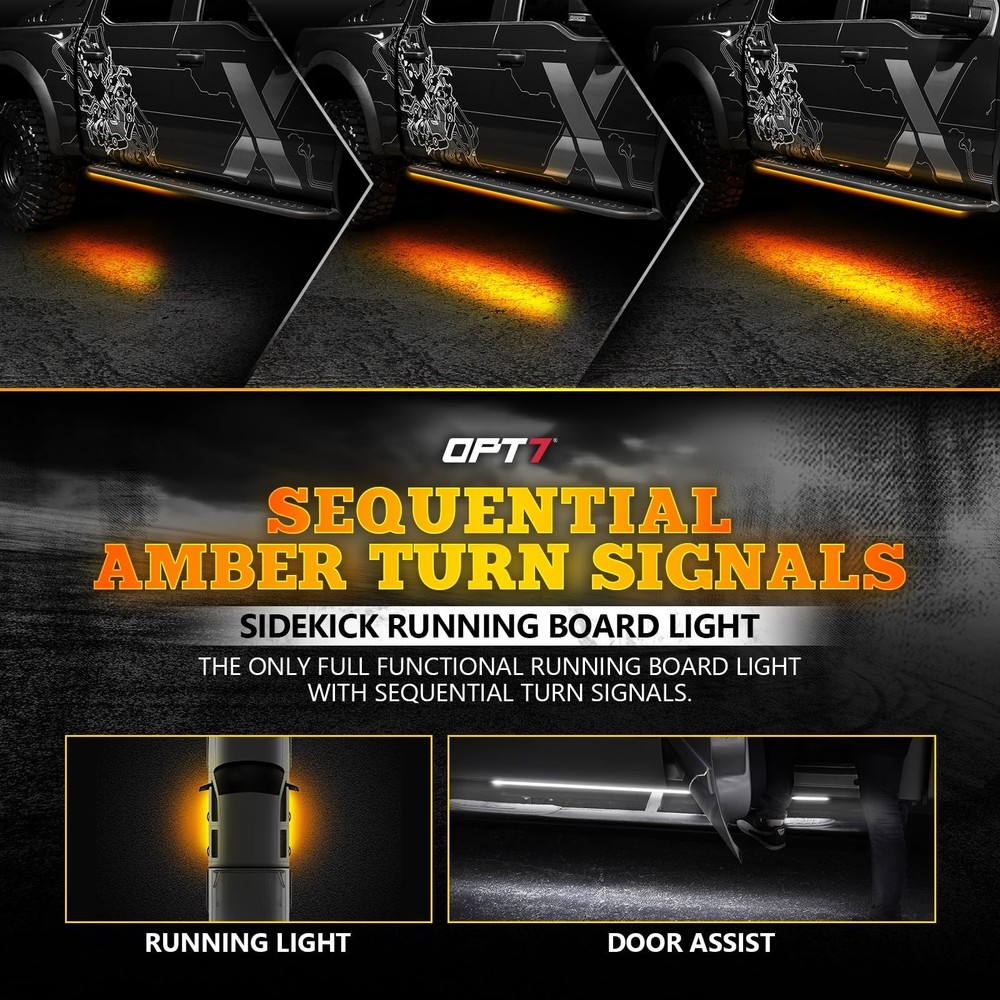 OPT7 Sidekick 78" Running Board Lights 2PCS LED Strips w/Sequential Amber Tur...