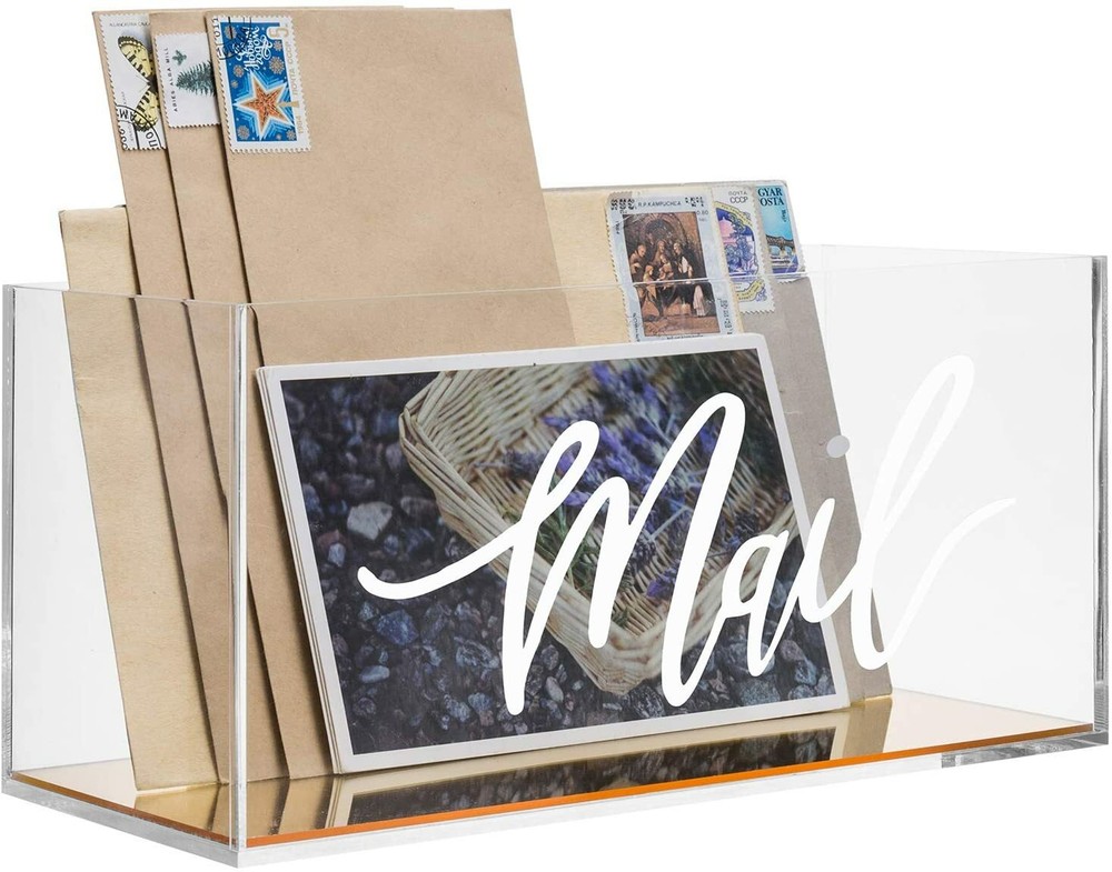 MyGift Clear Acrylic Tabletop Mail Storage Box Holder with Brass Mirror Bottom