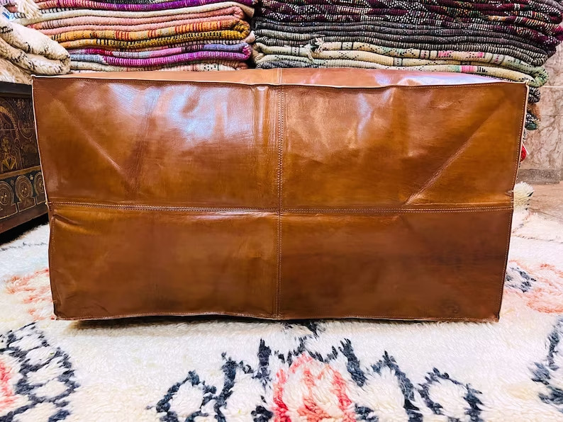 30'' Large Brown Moroccan Leather Pouffe Boho Ottoman Unstuffed Genuine
