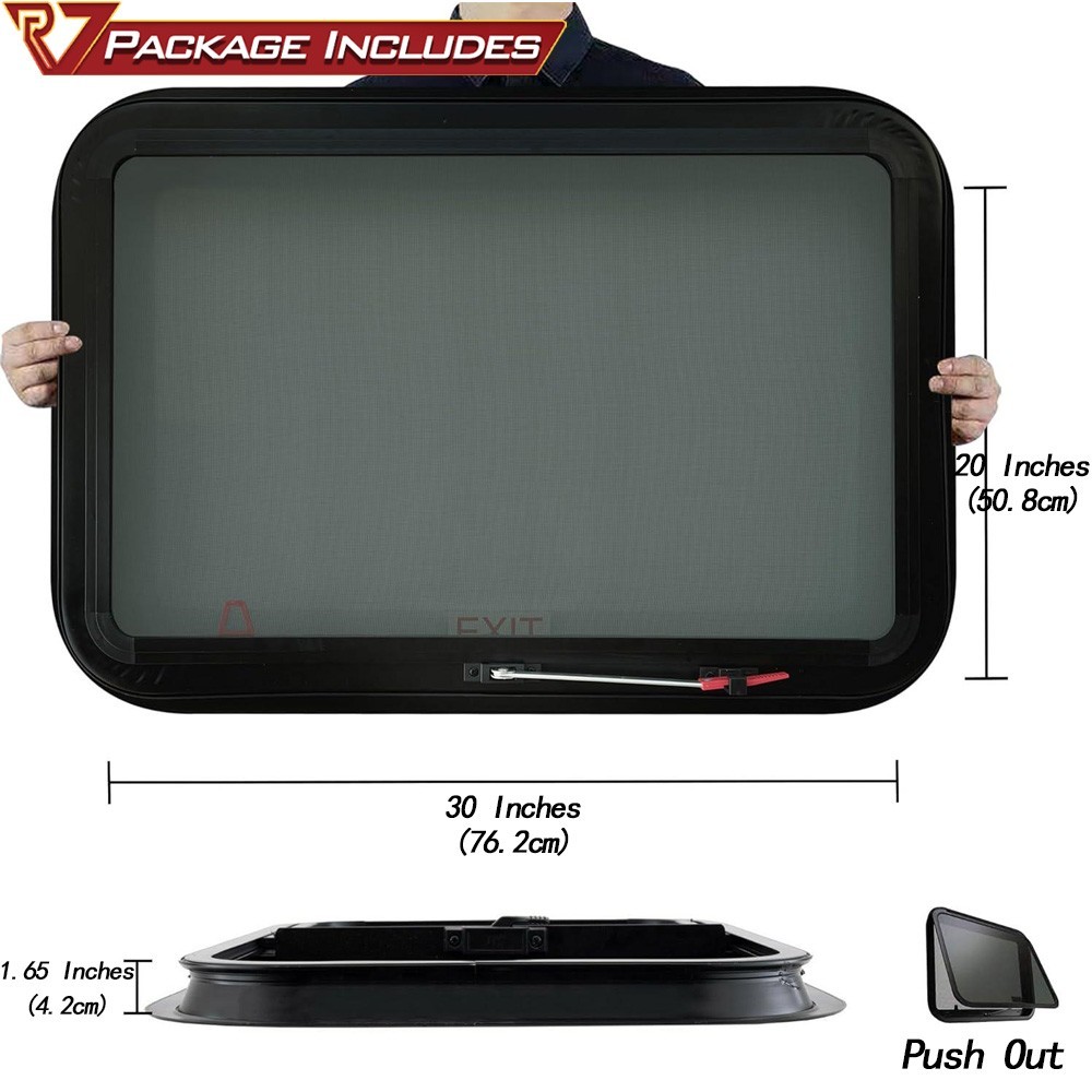 30"W X20"H RV EXIT Window Emergency w/ Trim Ring Tempered Glass Removable Screen