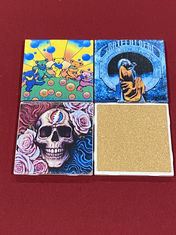 Set of 4 Grateful Dead Ceramic Table Waterproof Cork Back Coasters.