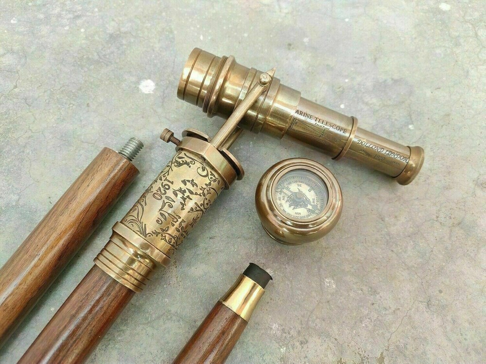 Brass Antique Finish Engraved Telescope Handle with Compass Walking Stick Cane