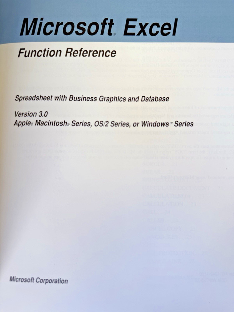 Microsoft Excel Function Reference Book Guide - Version 3.0 - Collectable Rare