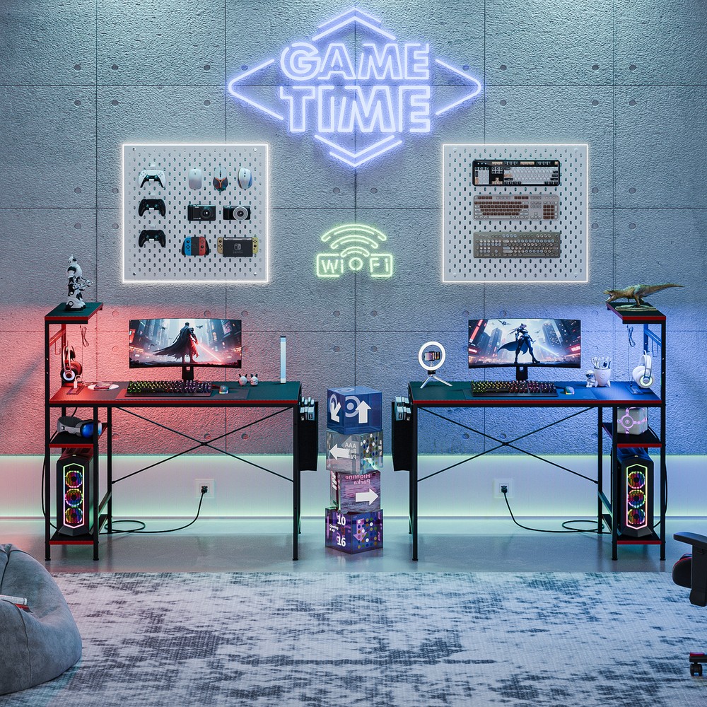 44" Computer Desk Rectangular Gaming Desk with LED Lights & Power Outlets Black