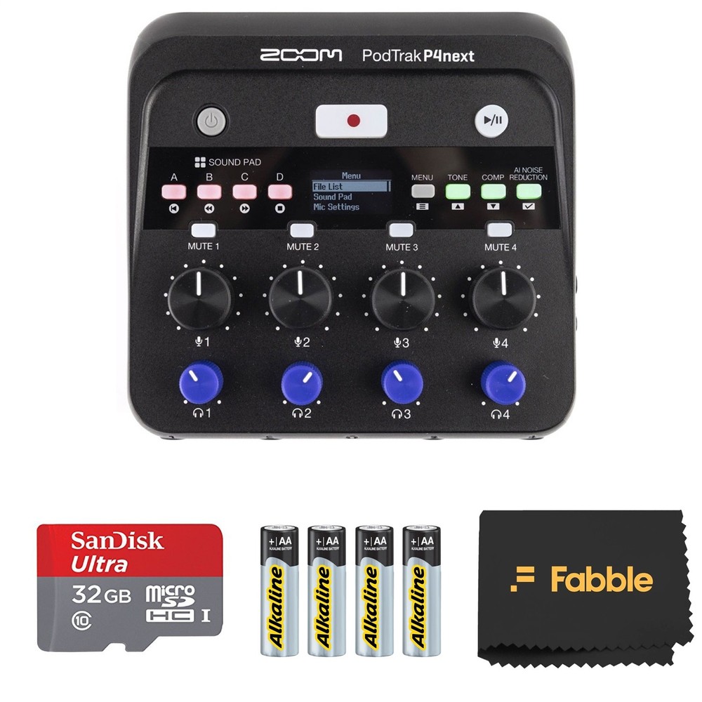 Zoom PodTrak P4next Portable Multitrack Podcast Recorder Bundle
