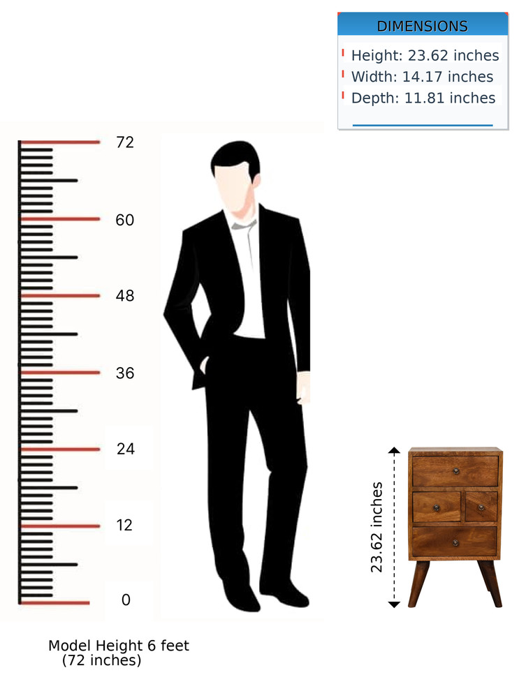 Solid Wood Multi Bedside, 4-Drawers, Chestnut, Brown