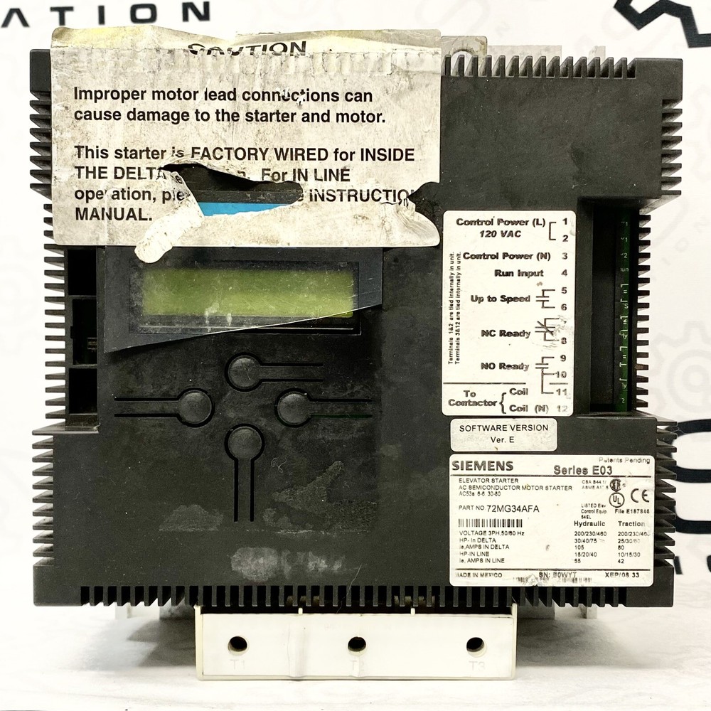 Siemens 72MG34AFA Elevator Motor Starter 3PH
