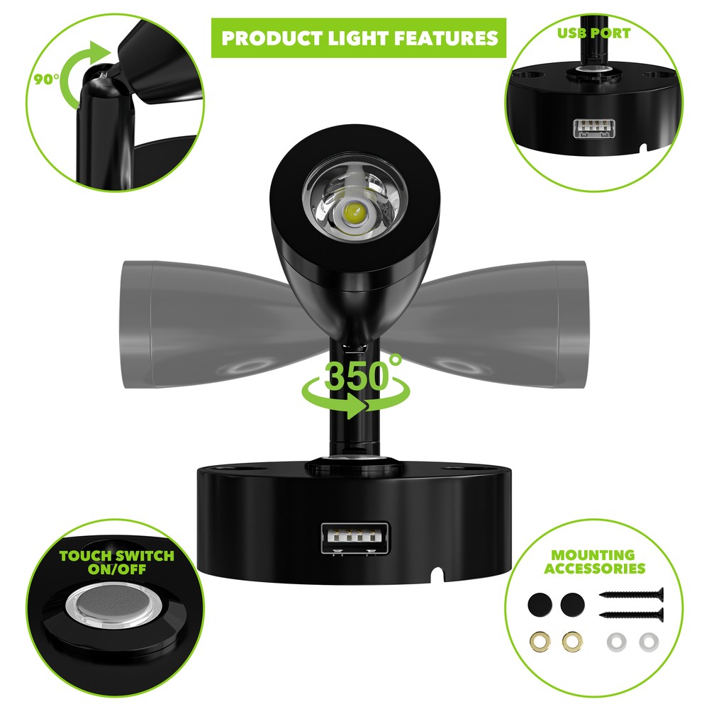 2PK 3" RV Reading LED Lamp 12V LED Lights Interior Rotatable Wall Reading Light