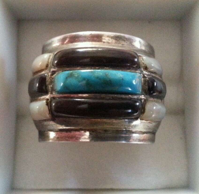 Sterling Silver Unique SIGNED Navajo Indian Turquoise Blk Onyx Size 6 Ring