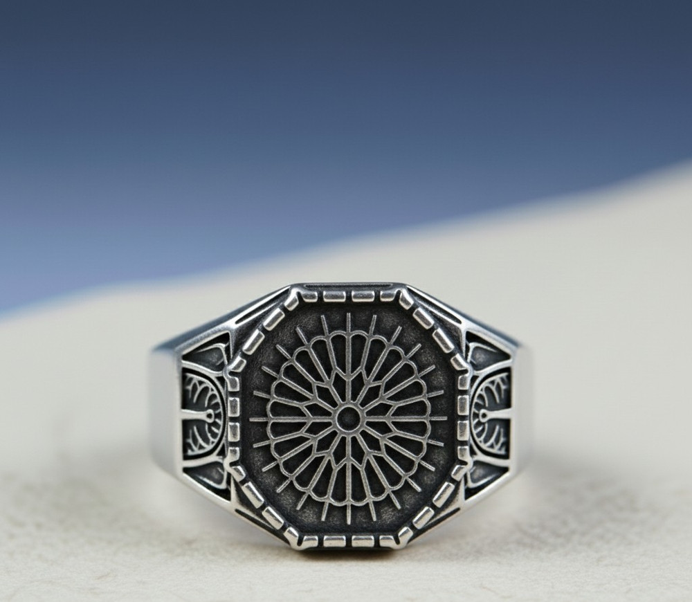 Bold 925 Sterling Silver Hexagon Ring with Intricate Sunburst Mandala Pattern