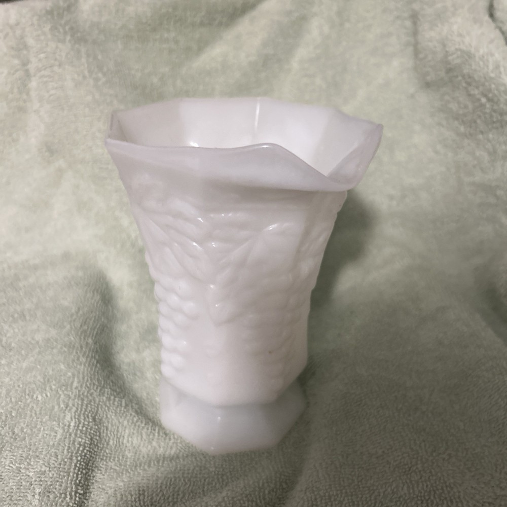 Vintage Octagon Shaped Milkglass Grape Pattern Footed Pitcher 6.5"
