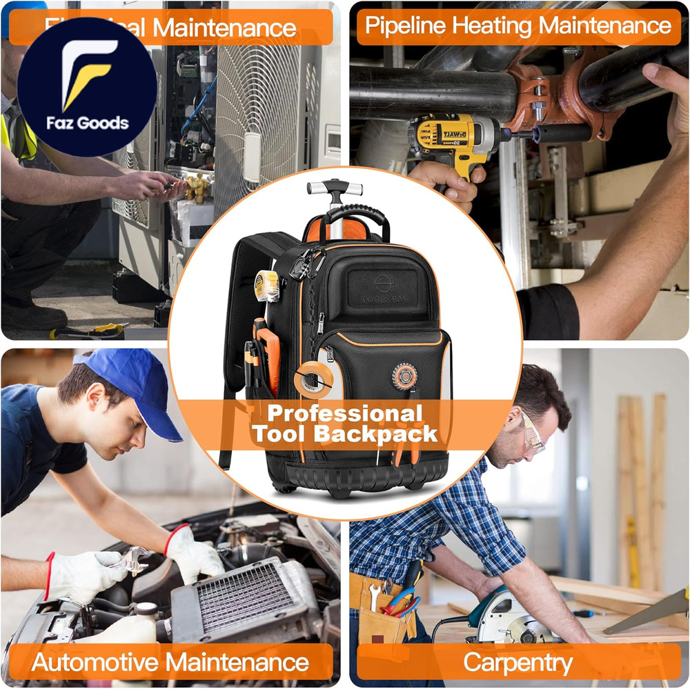 Backpack Tool Bag with Wheel Rolling Tool Backpack for Electrician Heavy Duty