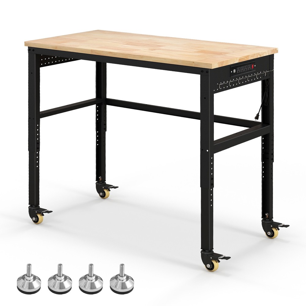 48" Adjustable Workbench w/ Power Outlet Universal Lockable Wheels Workshop