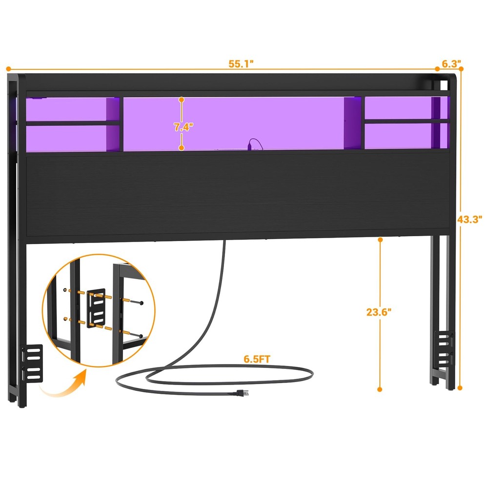 Headboard for Full Size Bed with Storage, Headboards with LED Light, Power Ou...