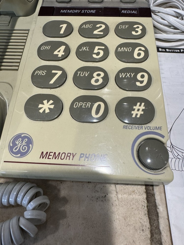 GE Big Button Telephone 2-9266A White & Tan With Memory Dialing & Redial