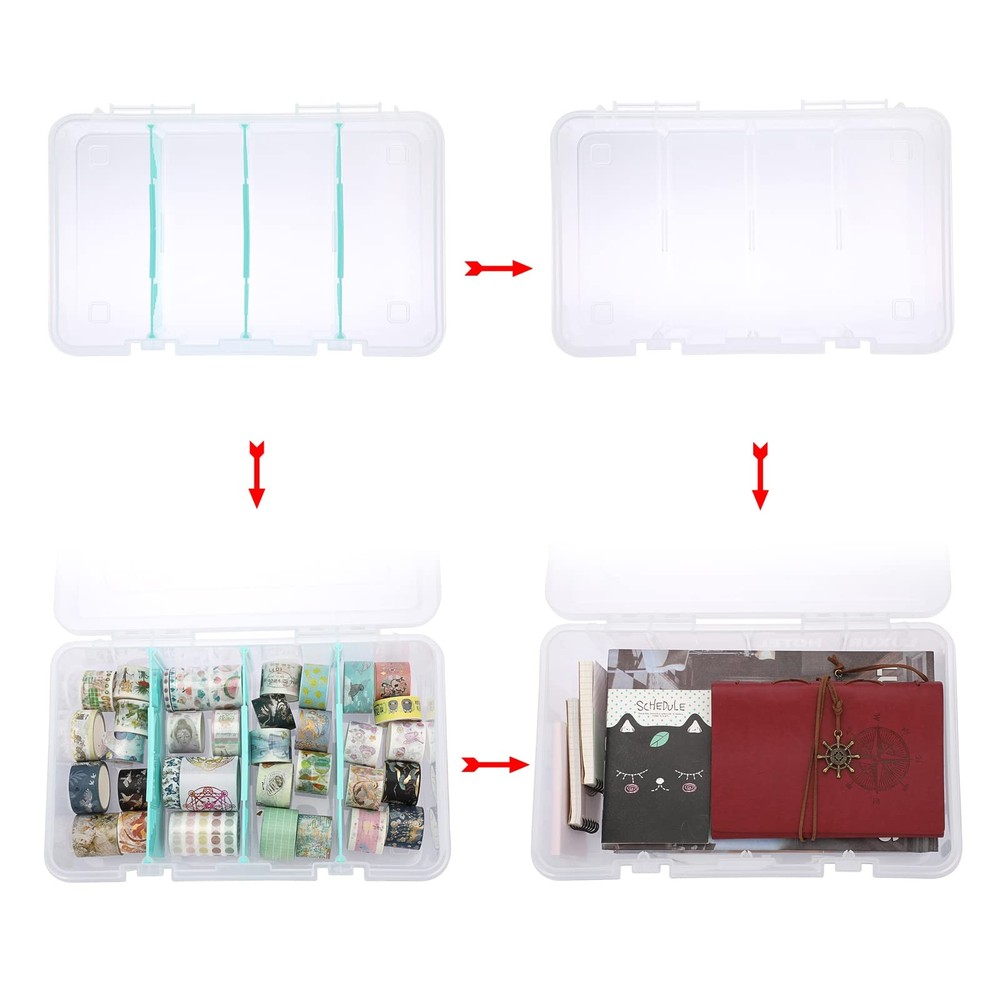Clear Plastic Dividing Storage Box with 4 Compartments Adjustable Storage Bin...