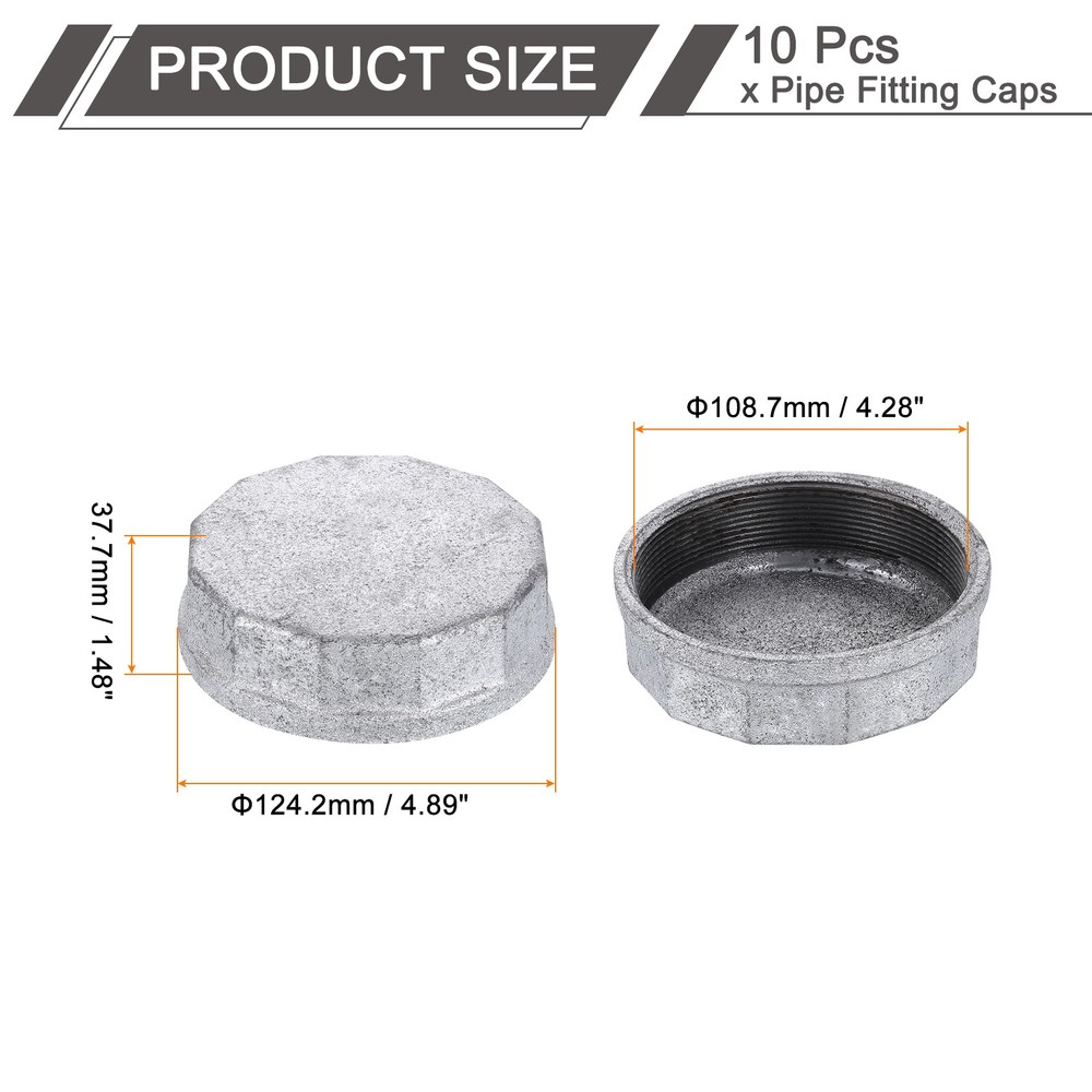 2 Pcs 4" Octagon Head Steel Threaded Pipe Fitting Caps, Silver