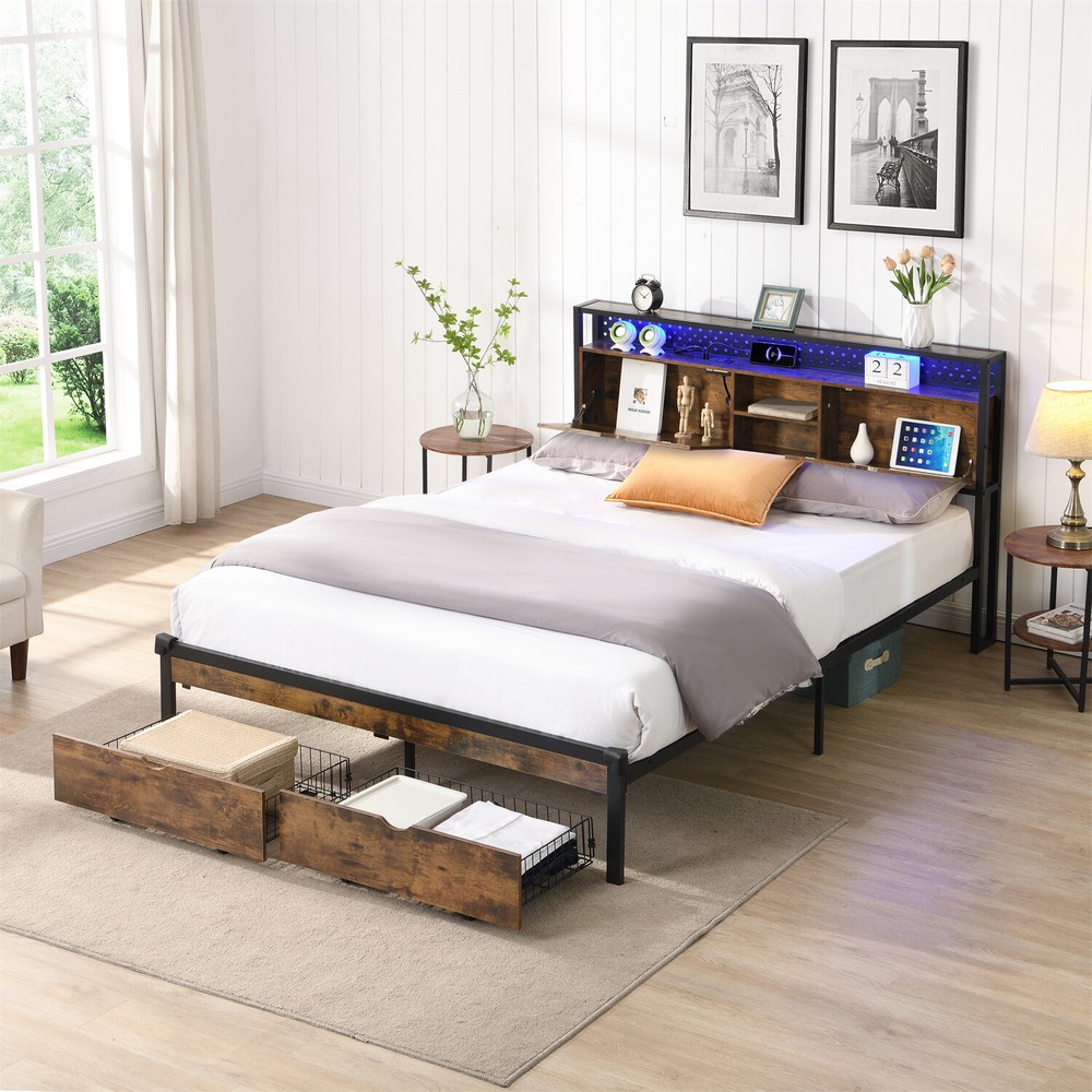 Full/Queen/King Size LED Bed Frame Metal Platform Bed with Charging Station