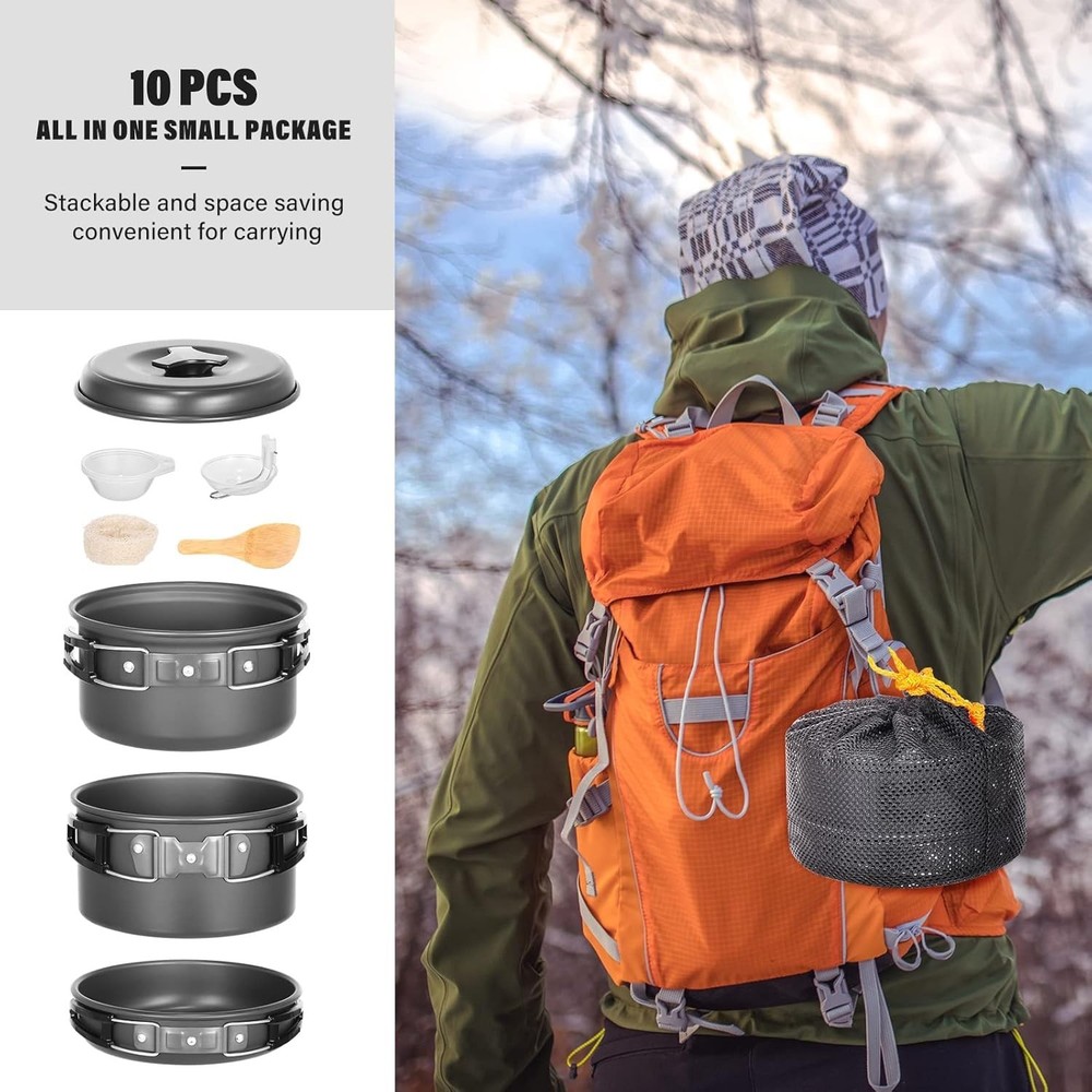 10pcs Camping Cookware Set Non-Stick Lightweight Stackable Pots Pans with Bag