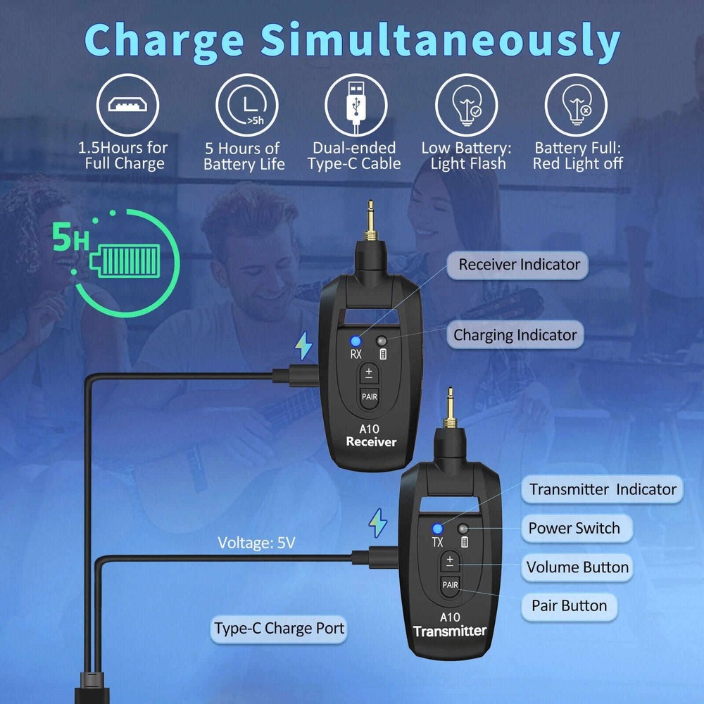 Wireless Guitar Transmitter & Receiver System 100ft Range 5H Play 2.4GHz Band