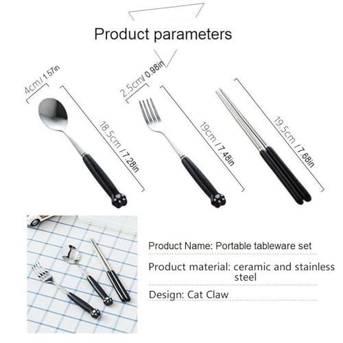 Cute Silverware Set, Cat Paw Ceramic Handle FORK SPOON WITH CASE Black