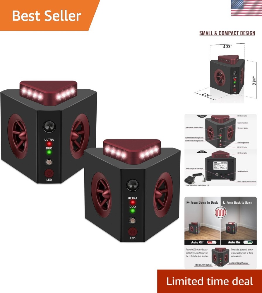 Advanced Rodent Deterrent: Ultrasonic Repeller with LED Strobe Lights, 2-Pack