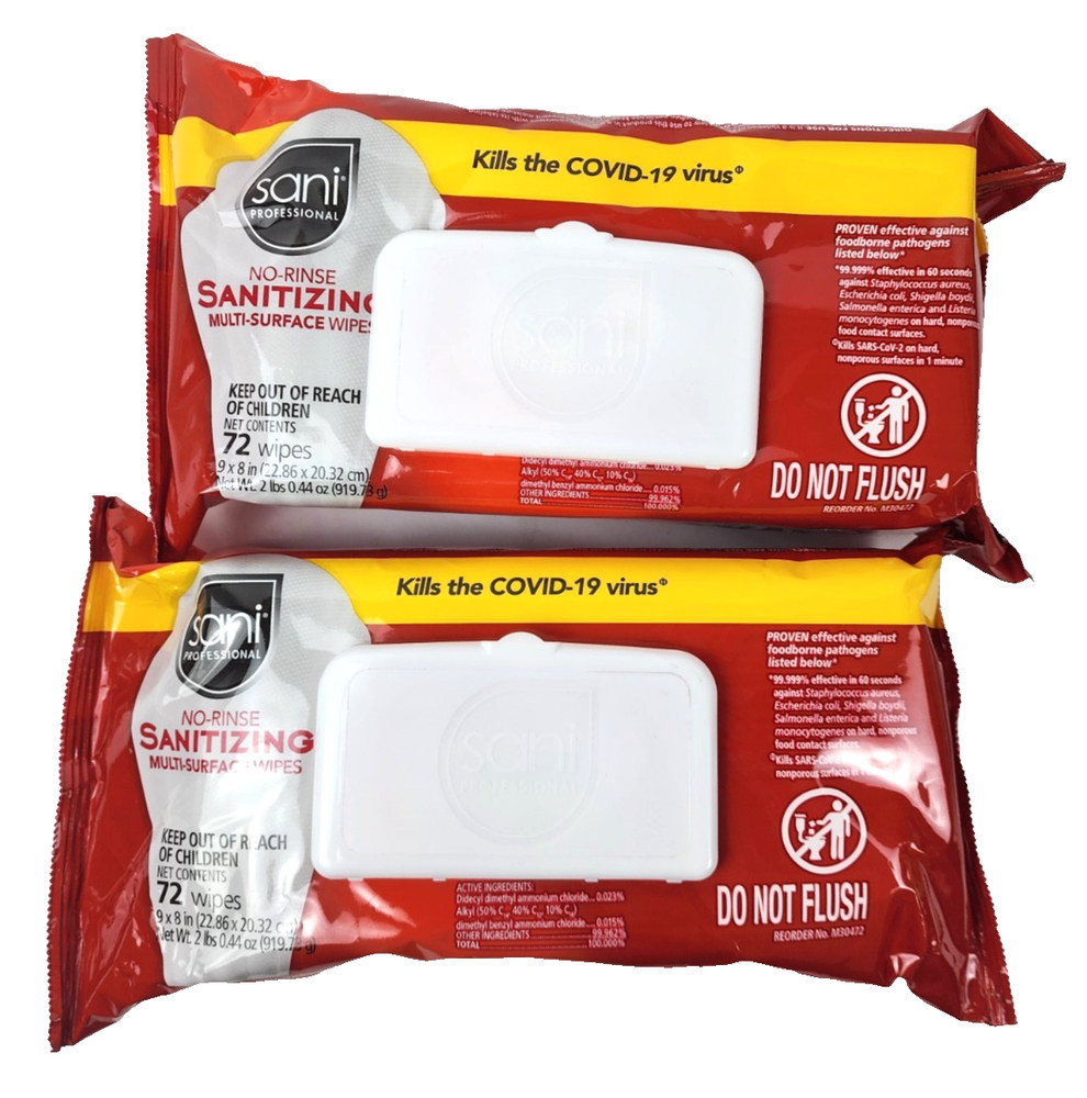 Sani Professional No-Rinse Sanitizing Multi-Surface Wipes, White 72ct (2 Pack)