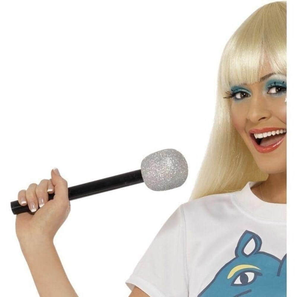 70s Glitter Microphone Silver Prop 30cm Party Accessory