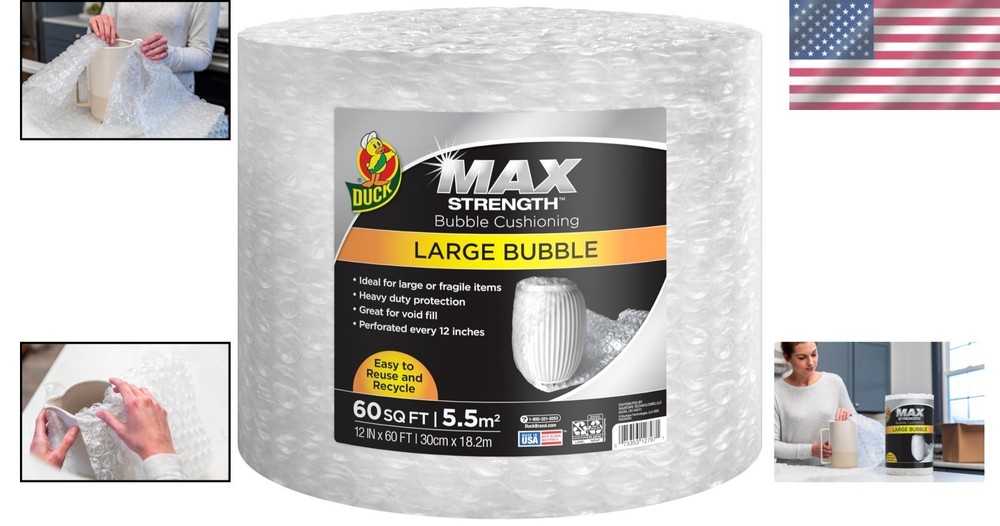 Large Bubble Wrap 60 FT - Durable Packing & Mailing Protection - Made in USA