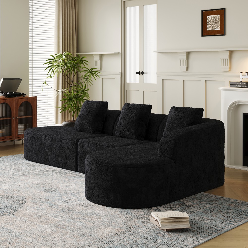 111.8'' Black L-shaped Curved Modular Sofa, Curved Backrest with Three Pillows